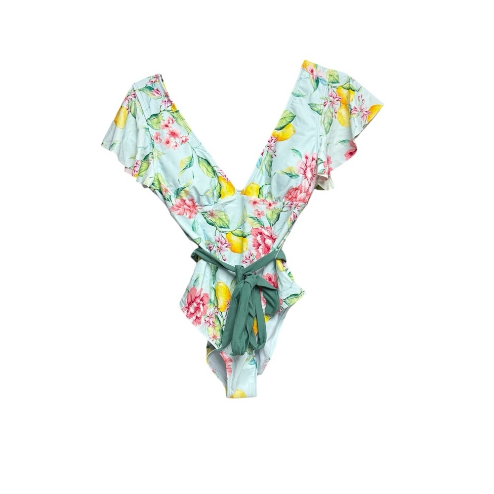 Cupshe size L NWT Floral Ruffle One-Piece Swimsuit Deep V tie waist